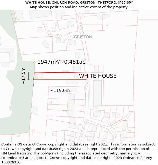 WHITE HOUSE, CHURCH ROAD, GRISTON, THETFORD, IP25 6PY: Plot and title map