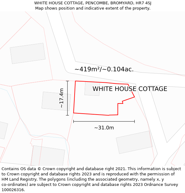 WHITE HOUSE COTTAGE, PENCOMBE, BROMYARD, HR7 4SJ: Plot and title map
