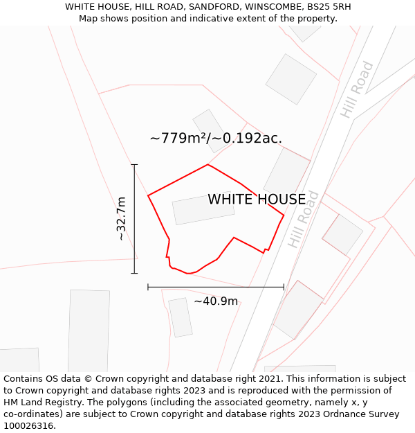 WHITE HOUSE, HILL ROAD, SANDFORD, WINSCOMBE, BS25 5RH: Plot and title map