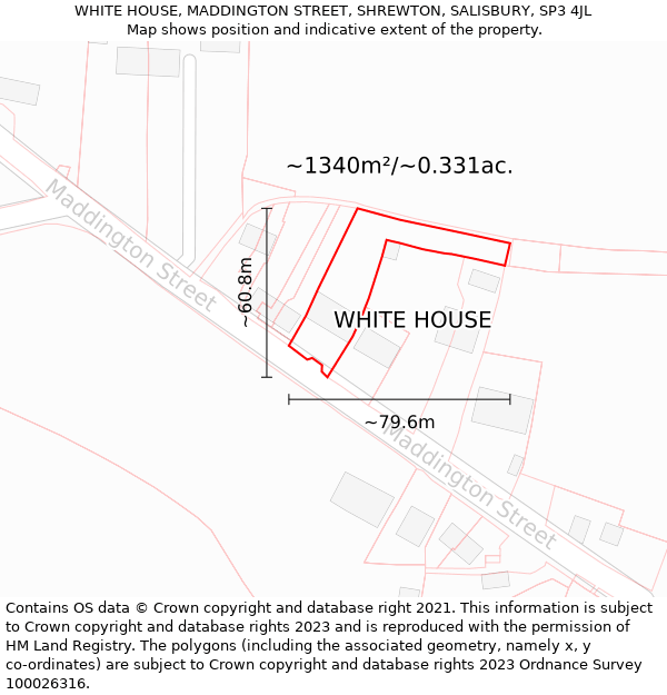 WHITE HOUSE, MADDINGTON STREET, SHREWTON, SALISBURY, SP3 4JL: Plot and title map