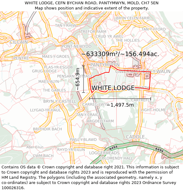 WHITE LODGE, CEFN BYCHAN ROAD, PANTYMWYN, MOLD, CH7 5EN: Plot and title map