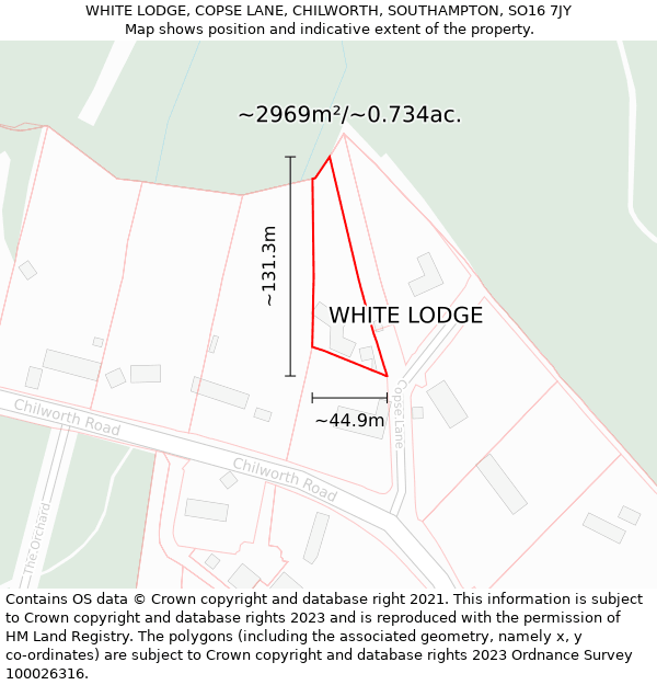 WHITE LODGE, COPSE LANE, CHILWORTH, SOUTHAMPTON, SO16 7JY: Plot and title map