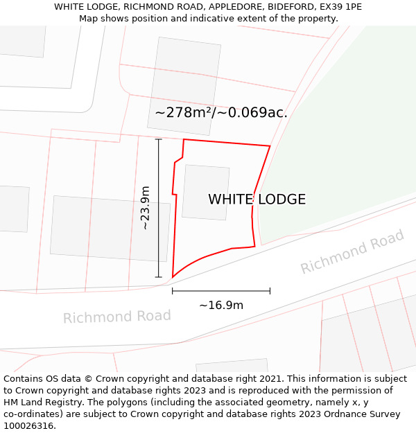 WHITE LODGE, RICHMOND ROAD, APPLEDORE, BIDEFORD, EX39 1PE: Plot and title map