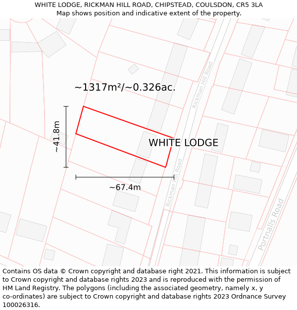 WHITE LODGE, RICKMAN HILL ROAD, CHIPSTEAD, COULSDON, CR5 3LA: Plot and title map