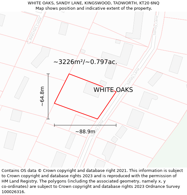 WHITE OAKS, SANDY LANE, KINGSWOOD, TADWORTH, KT20 6NQ: Plot and title map