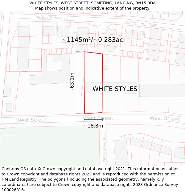 WHITE STYLES, WEST STREET, SOMPTING, LANCING, BN15 0DA: Plot and title map