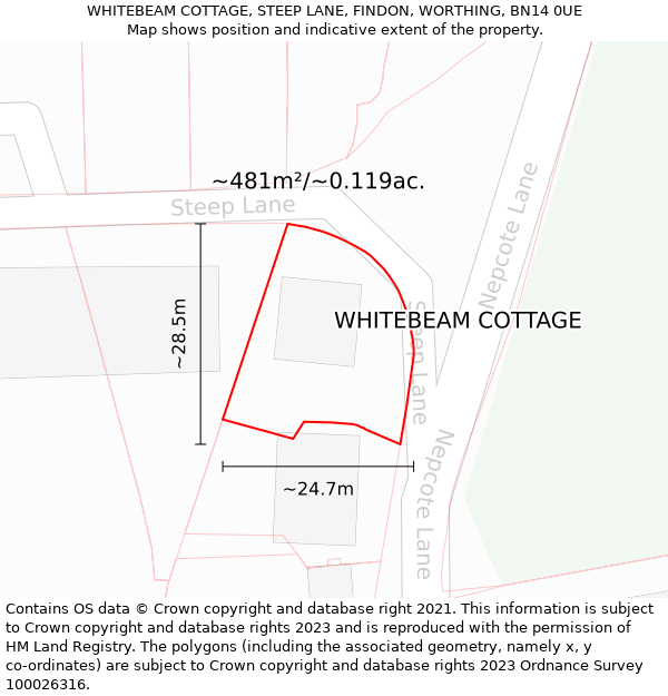 WHITEBEAM COTTAGE, STEEP LANE, FINDON, WORTHING, BN14 0UE: Plot and title map