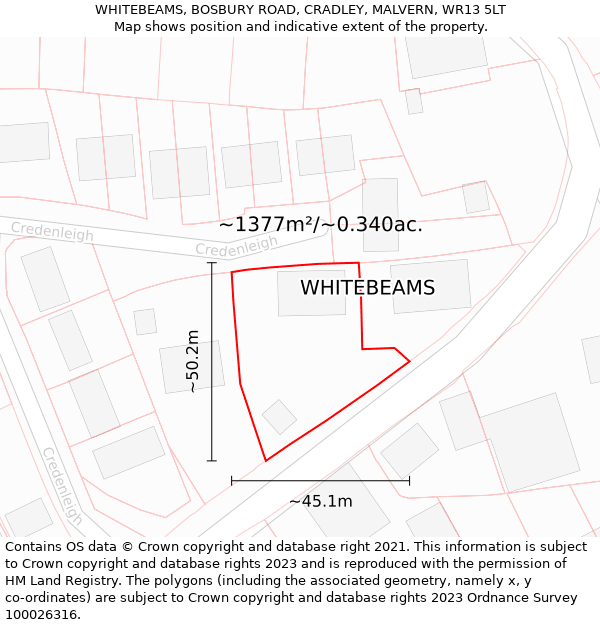 WHITEBEAMS, BOSBURY ROAD, CRADLEY, MALVERN, WR13 5LT: Plot and title map