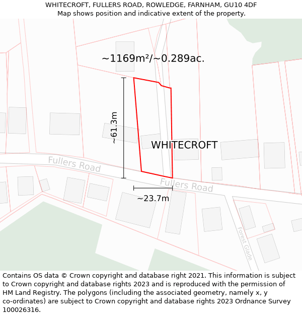 WHITECROFT, FULLERS ROAD, ROWLEDGE, FARNHAM, GU10 4DF: Plot and title map