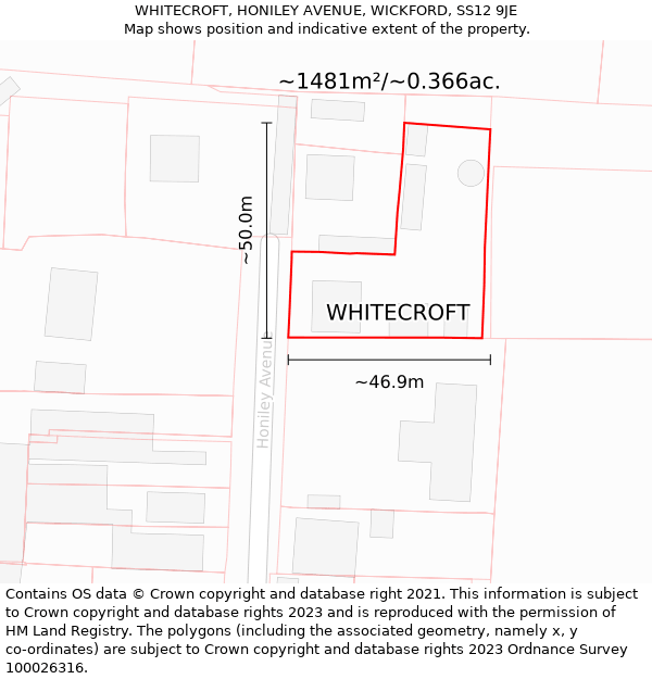 WHITECROFT, HONILEY AVENUE, WICKFORD, SS12 9JE: Plot and title map