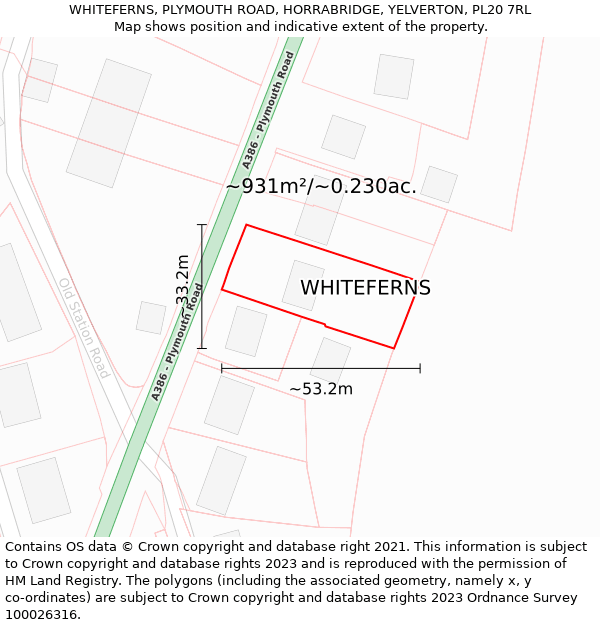 WHITEFERNS, PLYMOUTH ROAD, HORRABRIDGE, YELVERTON, PL20 7RL: Plot and title map