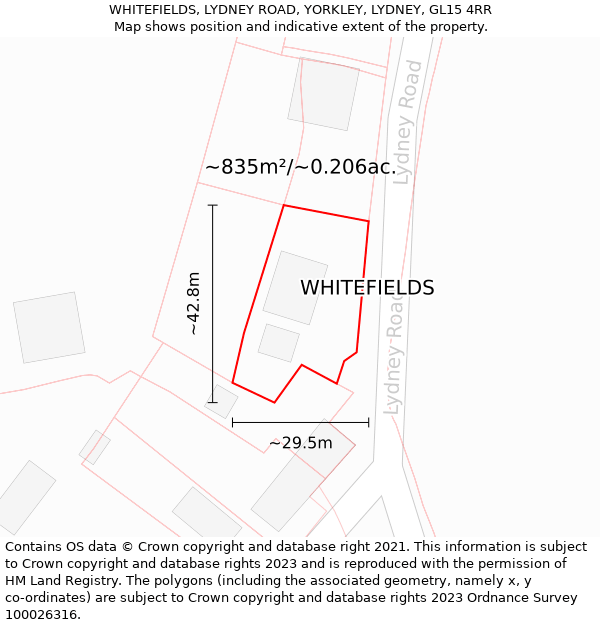 WHITEFIELDS, LYDNEY ROAD, YORKLEY, LYDNEY, GL15 4RR: Plot and title map