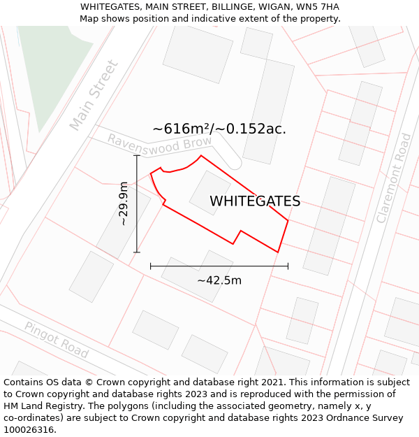 WHITEGATES, MAIN STREET, BILLINGE, WIGAN, WN5 7HA: Plot and title map