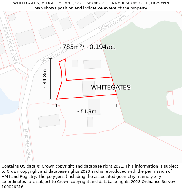 WHITEGATES, MIDGELEY LANE, GOLDSBOROUGH, KNARESBOROUGH, HG5 8NN: Plot and title map