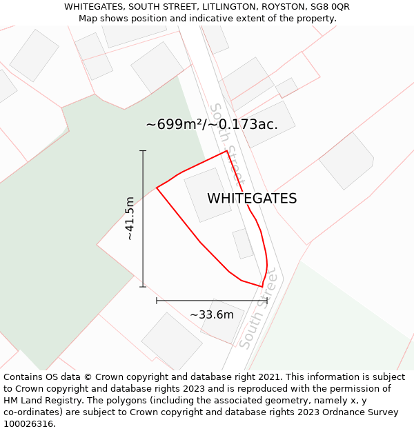 WHITEGATES, SOUTH STREET, LITLINGTON, ROYSTON, SG8 0QR: Plot and title map