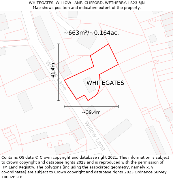 WHITEGATES, WILLOW LANE, CLIFFORD, WETHERBY, LS23 6JN: Plot and title map