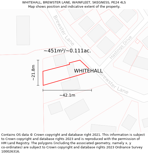 WHITEHALL, BREWSTER LANE, WAINFLEET, SKEGNESS, PE24 4LS: Plot and title map