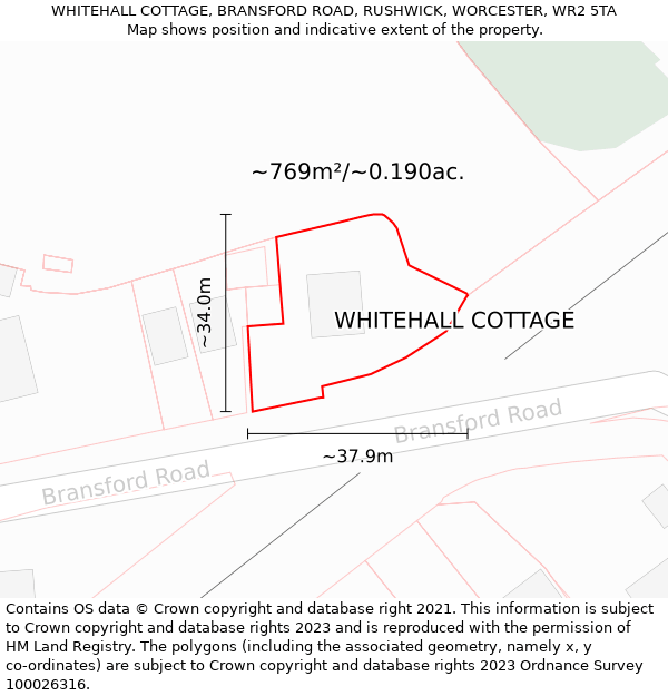 WHITEHALL COTTAGE, BRANSFORD ROAD, RUSHWICK, WORCESTER, WR2 5TA: Plot and title map