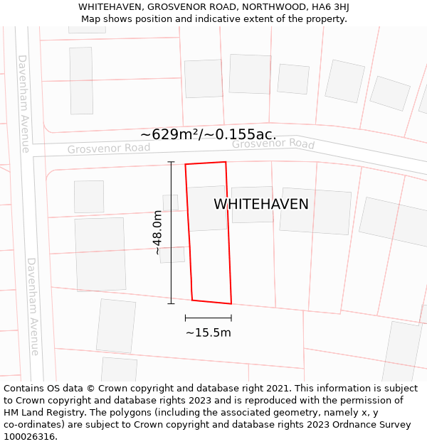 WHITEHAVEN, GROSVENOR ROAD, NORTHWOOD, HA6 3HJ: Plot and title map