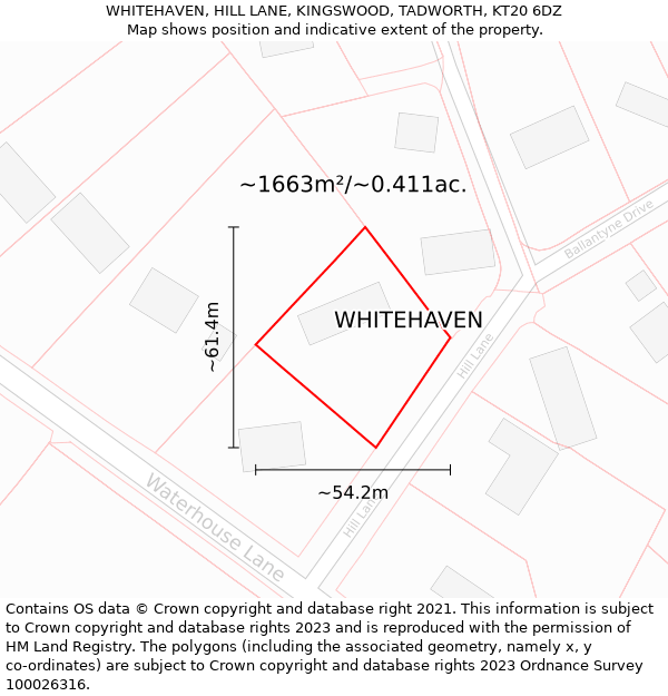 WHITEHAVEN, HILL LANE, KINGSWOOD, TADWORTH, KT20 6DZ: Plot and title map