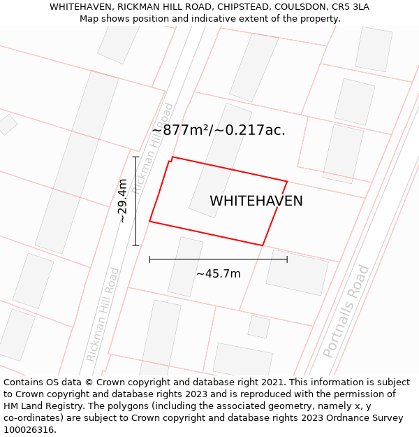 WHITEHAVEN, RICKMAN HILL ROAD, CHIPSTEAD, COULSDON, CR5 3LA: Plot and title map