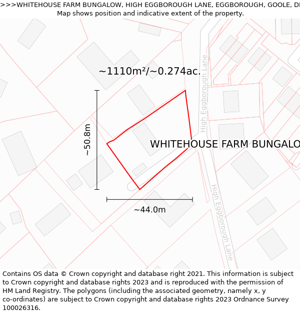 WHITEHOUSE FARM BUNGALOW, HIGH EGGBOROUGH LANE, EGGBOROUGH, GOOLE, DN14 0PS: Plot and title map