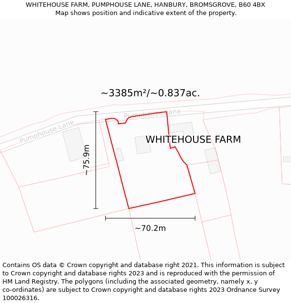 WHITEHOUSE FARM, PUMPHOUSE LANE, HANBURY, BROMSGROVE, B60 4BX: Plot and title map