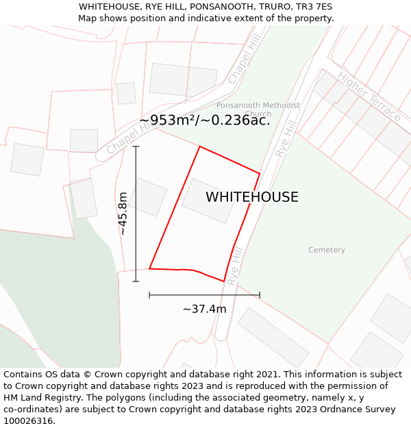 WHITEHOUSE, RYE HILL, PONSANOOTH, TRURO, TR3 7ES: Plot and title map