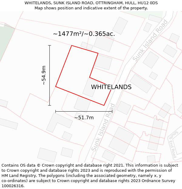 WHITELANDS, SUNK ISLAND ROAD, OTTRINGHAM, HULL, HU12 0DS: Plot and title map