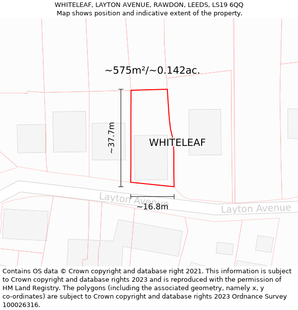 WHITELEAF, LAYTON AVENUE, RAWDON, LEEDS, LS19 6QQ: Plot and title map