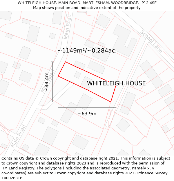 WHITELEIGH HOUSE, MAIN ROAD, MARTLESHAM, WOODBRIDGE, IP12 4SE: Plot and title map