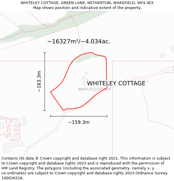 WHITELEY COTTAGE, GREEN LANE, NETHERTON, WAKEFIELD, WF4 4EX: Plot and title map