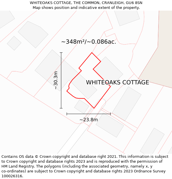 WHITEOAKS COTTAGE, THE COMMON, CRANLEIGH, GU6 8SN: Plot and title map