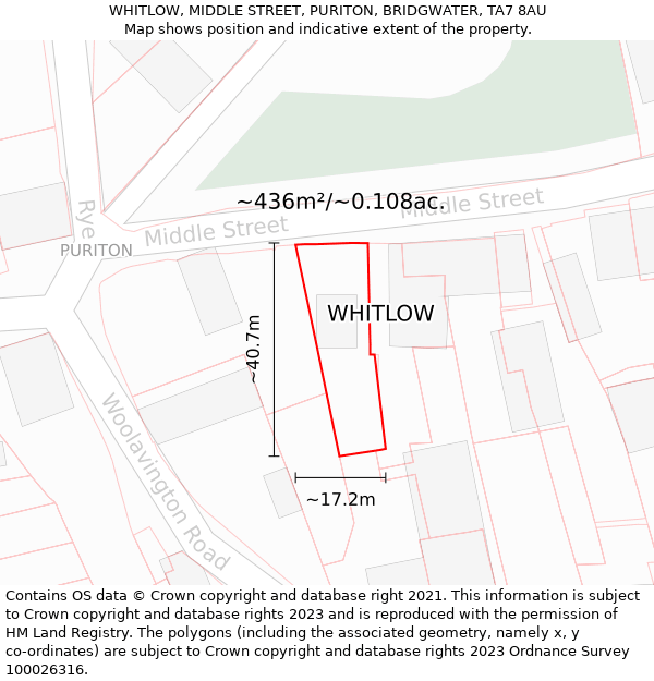 WHITLOW, MIDDLE STREET, PURITON, BRIDGWATER, TA7 8AU: Plot and title map