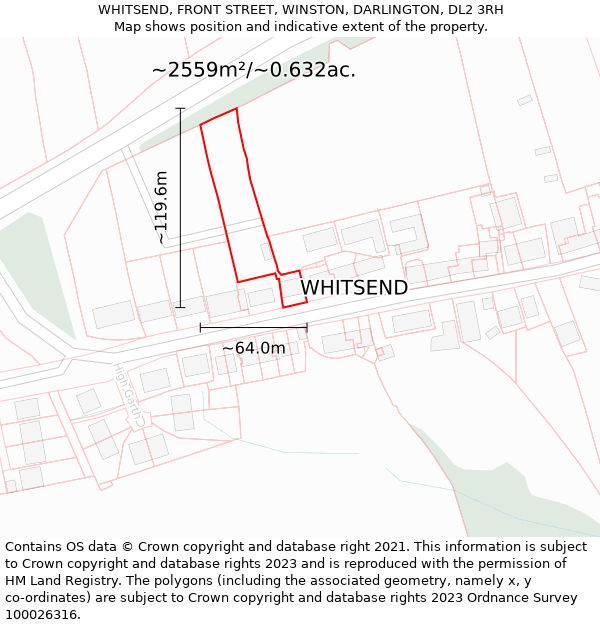 WHITSEND, FRONT STREET, WINSTON, DARLINGTON, DL2 3RH: Plot and title map