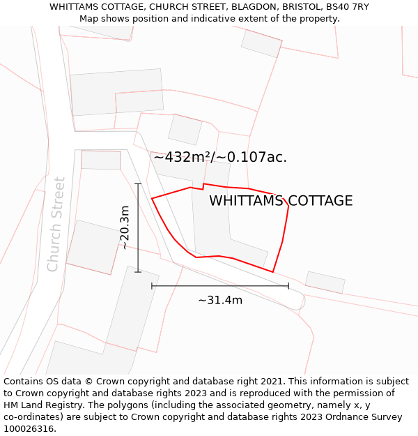 WHITTAMS COTTAGE, CHURCH STREET, BLAGDON, BRISTOL, BS40 7RY: Plot and title map