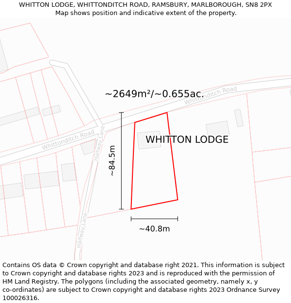 WHITTON LODGE, WHITTONDITCH ROAD, RAMSBURY, MARLBOROUGH, SN8 2PX: Plot and title map