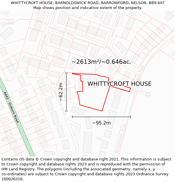 WHITTYCROFT HOUSE, BARNOLDSWICK ROAD, BARROWFORD, NELSON, BB9 6AT: Plot and title map