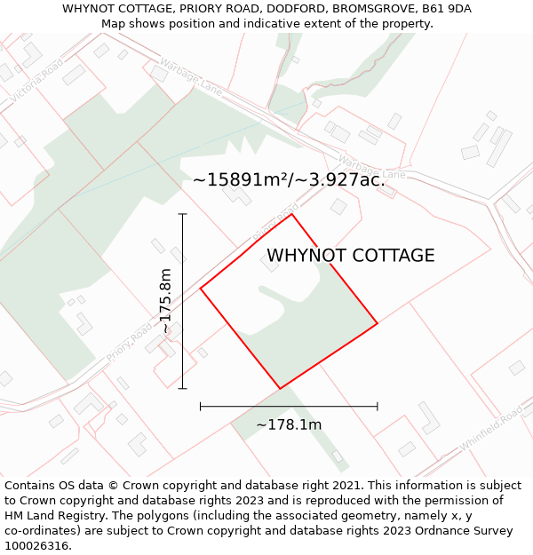 WHYNOT COTTAGE, PRIORY ROAD, DODFORD, BROMSGROVE, B61 9DA: Plot and title map