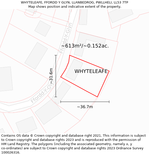 WHYTELEAFE, FFORDD Y GLYN, LLANBEDROG, PWLLHELI, LL53 7TP: Plot and title map