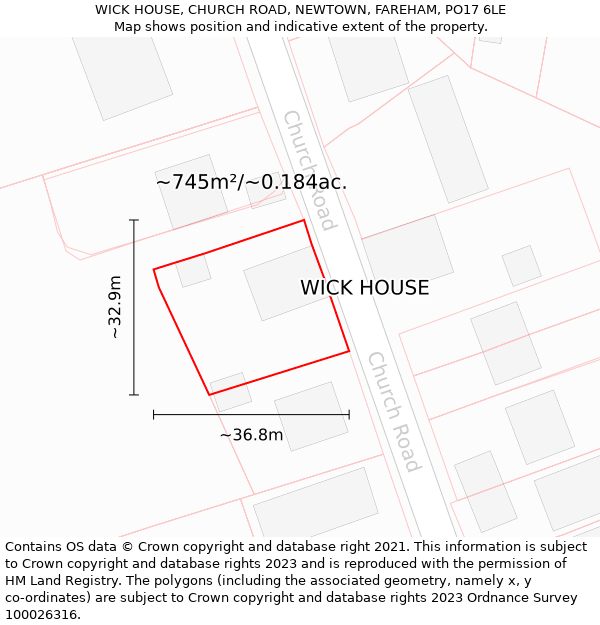 WICK HOUSE, CHURCH ROAD, NEWTOWN, FAREHAM, PO17 6LE: Plot and title map