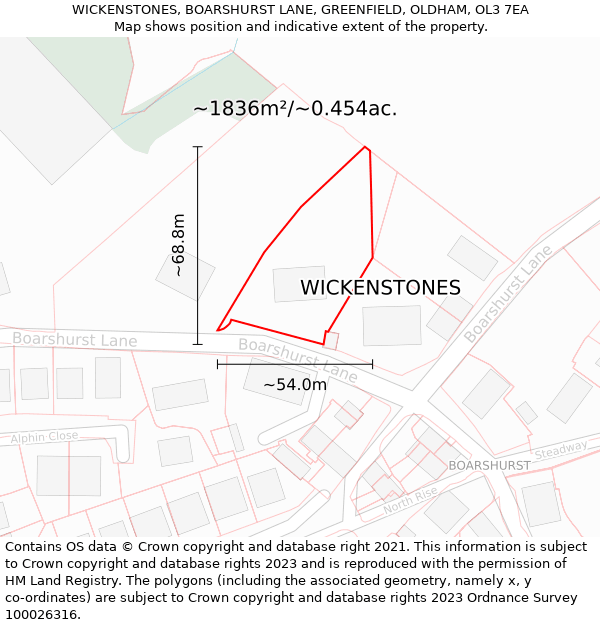 WICKENSTONES, BOARSHURST LANE, GREENFIELD, OLDHAM, OL3 7EA: Plot and title map