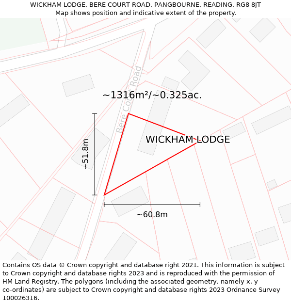 WICKHAM LODGE, BERE COURT ROAD, PANGBOURNE, READING, RG8 8JT: Plot and title map