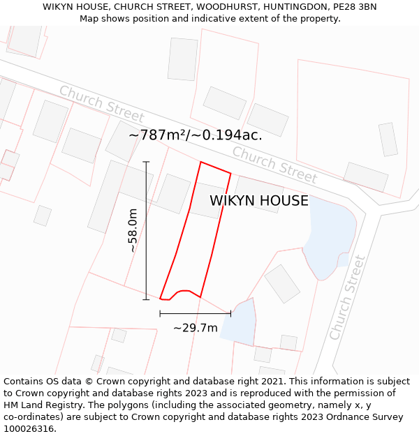 WIKYN HOUSE, CHURCH STREET, WOODHURST, HUNTINGDON, PE28 3BN: Plot and title map