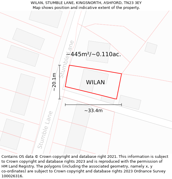 WILAN, STUMBLE LANE, KINGSNORTH, ASHFORD, TN23 3EY: Plot and title map