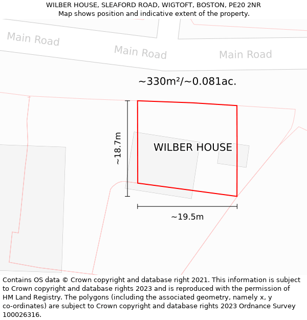 WILBER HOUSE, SLEAFORD ROAD, WIGTOFT, BOSTON, PE20 2NR: Plot and title map