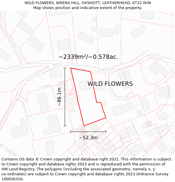 WILD FLOWERS, WRENS HILL, OXSHOTT, LEATHERHEAD, KT22 0HN: Plot and title map