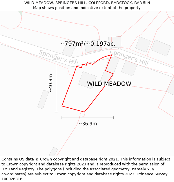 WILD MEADOW, SPRINGERS HILL, COLEFORD, RADSTOCK, BA3 5LN: Plot and title map