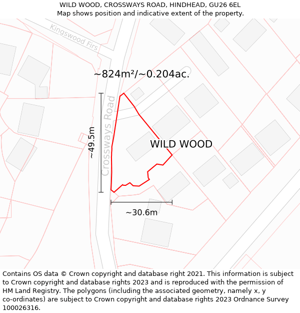 WILD WOOD, CROSSWAYS ROAD, HINDHEAD, GU26 6EL: Plot and title map