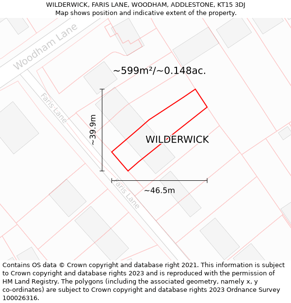 WILDERWICK, FARIS LANE, WOODHAM, ADDLESTONE, KT15 3DJ: Plot and title map